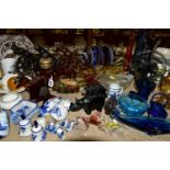 A GROUP OF CERAMICS AND GLASSWARES, to include art glass fish and birds, Avon bottles including a