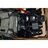 A BOX OF YASHICA PHOTOGRAPHIC EQUIPMENT ETC, comprising a FX-103 program 35mm SLR camera body fitted