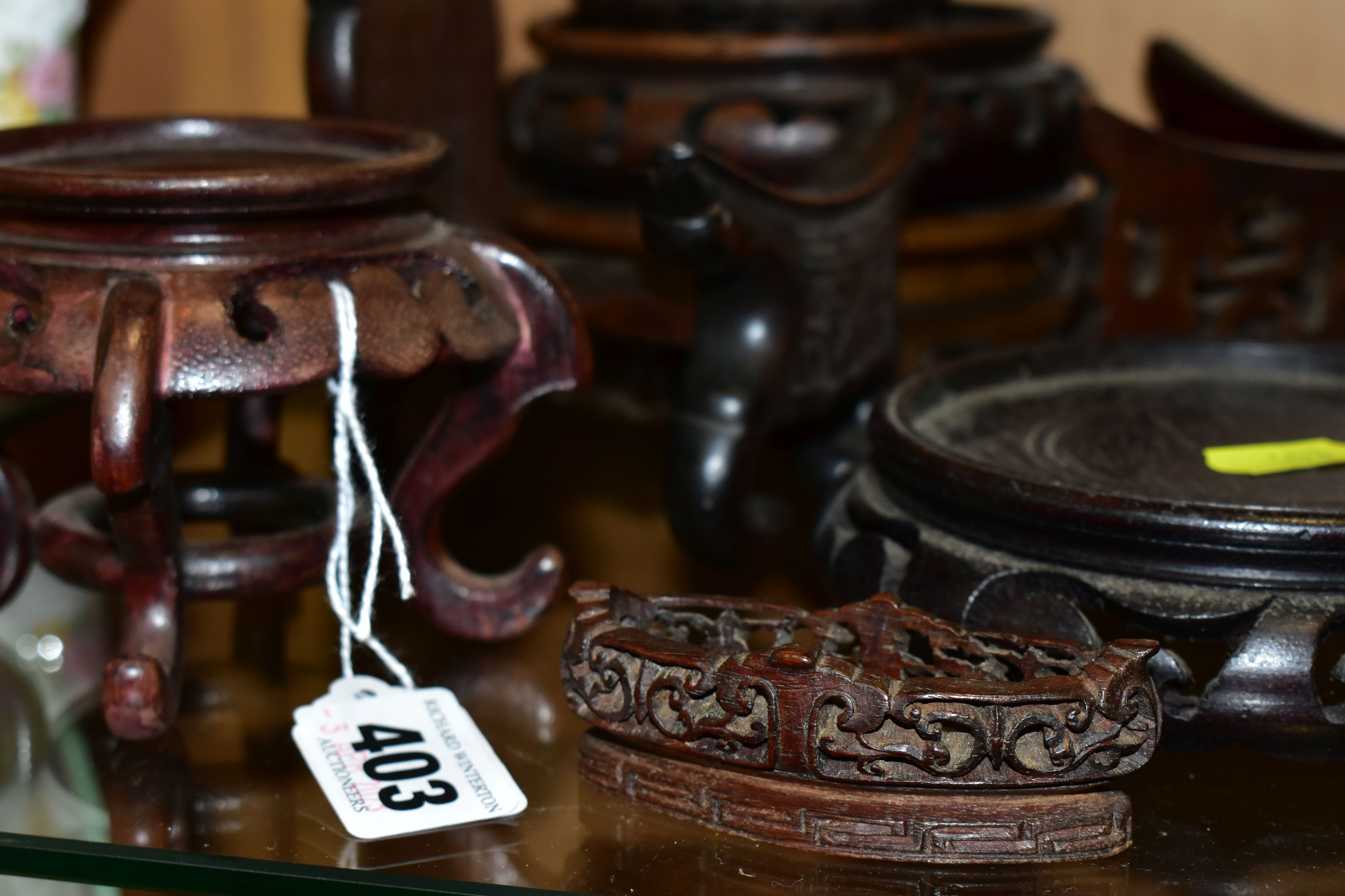 A QUANTITY OF WOODEN VASE STANDS, comprising an Arts & Crafts style tobacco jar with carved - Image 13 of 13