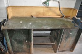 A LARGE METAL WORKBENCH with two under cupboards, angle poise style lamp and a large Record 24