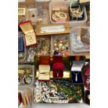 A LARGE BOX OF ASSORTED COSTUME JEWELLERY, to include a ladys 'Rotary' wristwatch, seven
