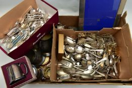 A BOX OF ASSORTED WHITE METAL WARE AND CUTLERY, to include a teapot, sugar scuttle, tankard, milk