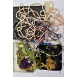 A BAG OF ASSORTED SEMI-PRECIOUS GEMSTONE JEWELLERY, to include five long strands of baroque cultured