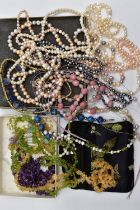 A BAG OF ASSORTED SEMI-PRECIOUS GEMSTONE JEWELLERY, to include five long strands of baroque cultured