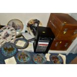 NINETEEN COLLECTORS PLATES, A SMALL RACK OF BEATLES CDS AND TWO WOODEN BOXES, the collectors