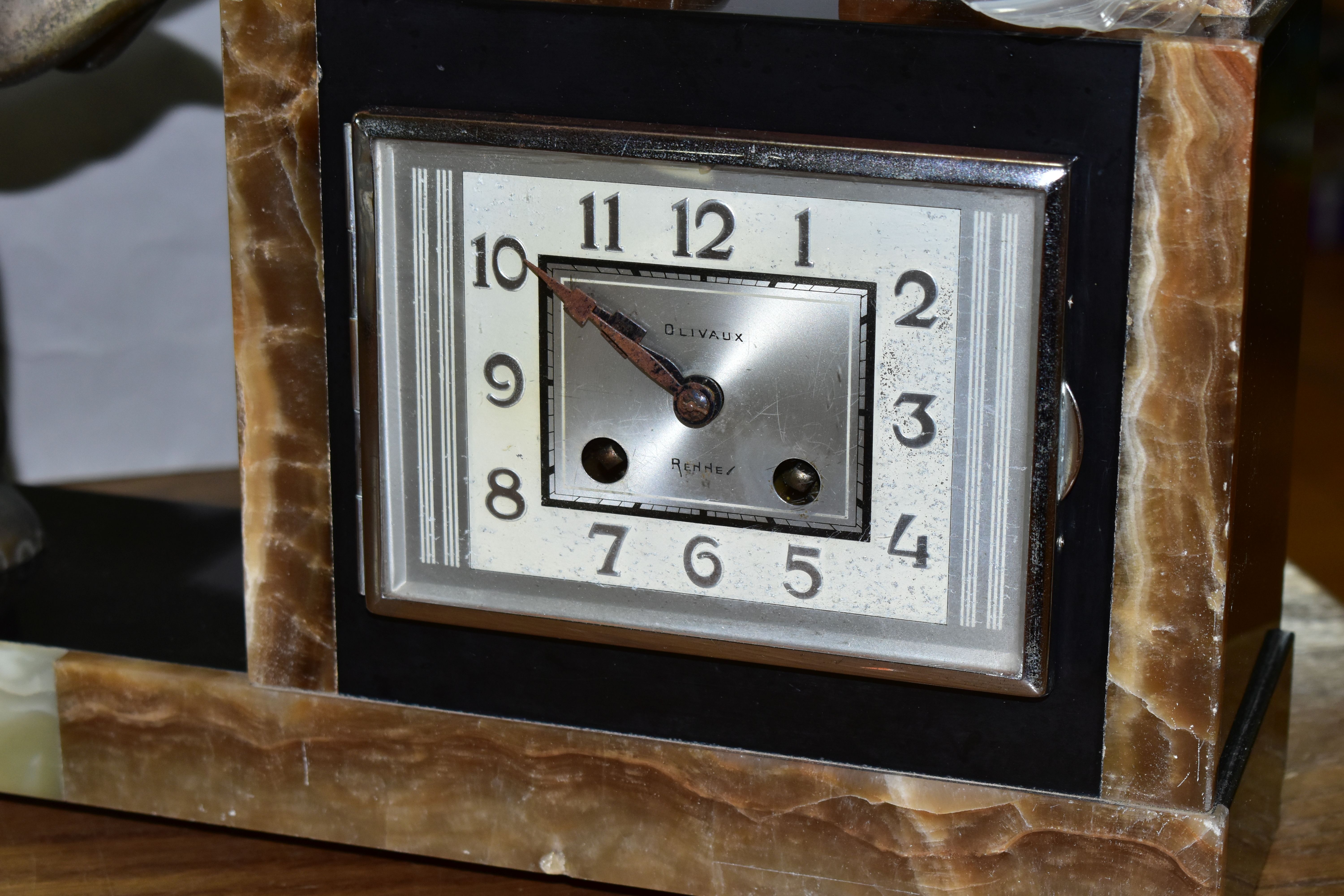 A FRENCH ART DECO MARBLE MANTEL CLOCK, Olivaux Renn, with key and pendulum and figure of an elephant - Image 6 of 8