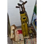 THREE BOXES OF SINGLE RECORDS AND VINTAGE GOLF CLUBS, to include approximately two hundred 1950's