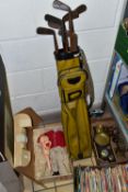 THREE BOXES OF SINGLE RECORDS AND VINTAGE GOLF CLUBS, to include approximately two hundred 1950's