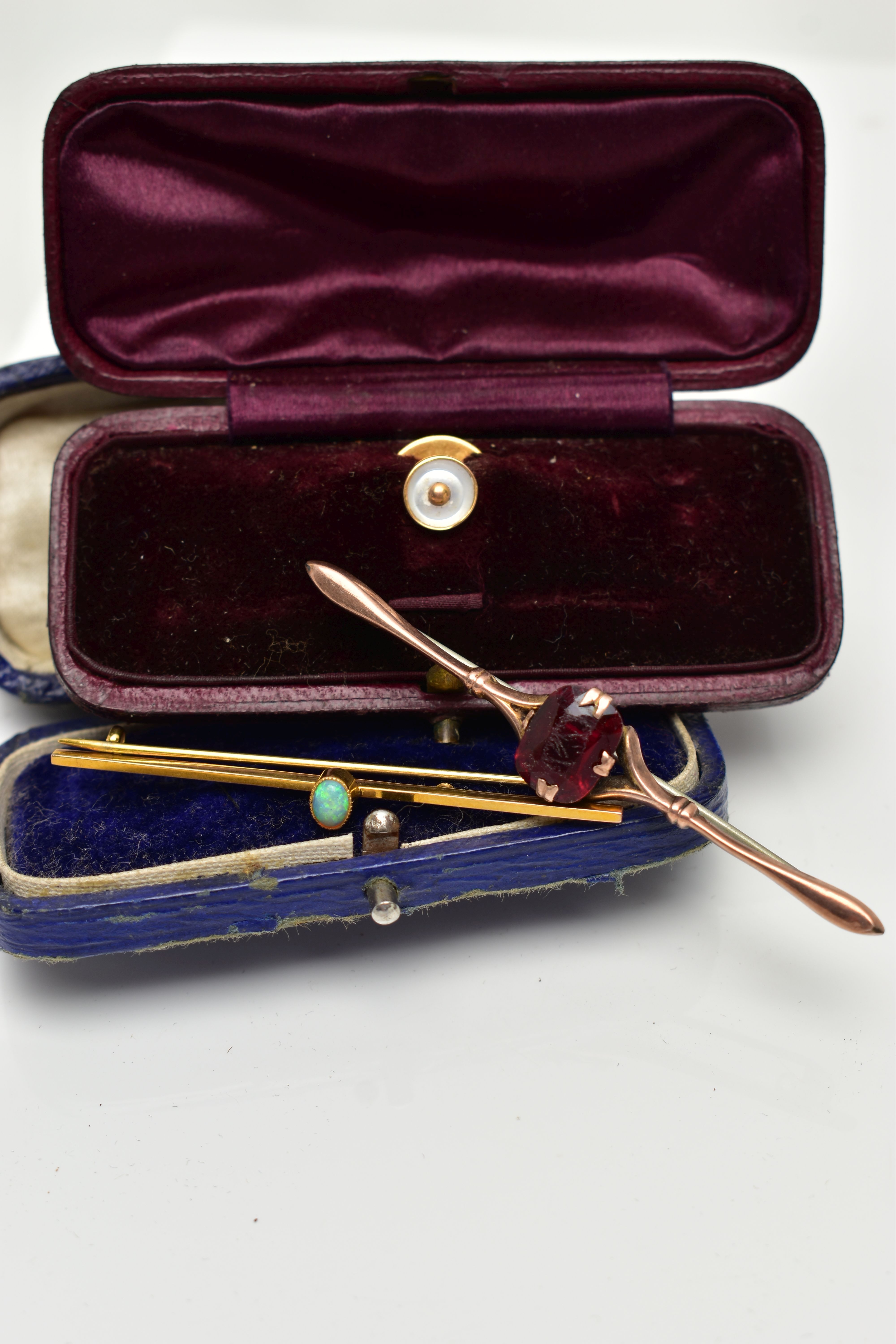 TWO BAR BROOCHES AND A DRESS STUD, to include a polished yellow metal bar brooch set with an oval - Image 4 of 4