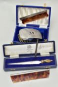 FOUR PIECES OF SILVER ITEMS, to include a boxed commemorative 'Mappin & Webb' letter opener