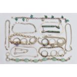 A BAG OF ASSORTED SILVER AND WHITE METAL JEWELLERY, to include a silver ball beaded bracelet