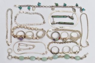 A BAG OF ASSORTED SILVER AND WHITE METAL JEWELLERY, to include a silver ball beaded bracelet