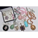 ASSORTED SEMI PRECIOUS GEMSTONE PENDANT NECKLACES, to include a large rose quartz pendant,