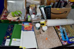 TWO BOXES, A BOX FILE AND LOOSE ART AND CRAFTS EQUIPMENT, ETC, including stencil decor, sealed packs