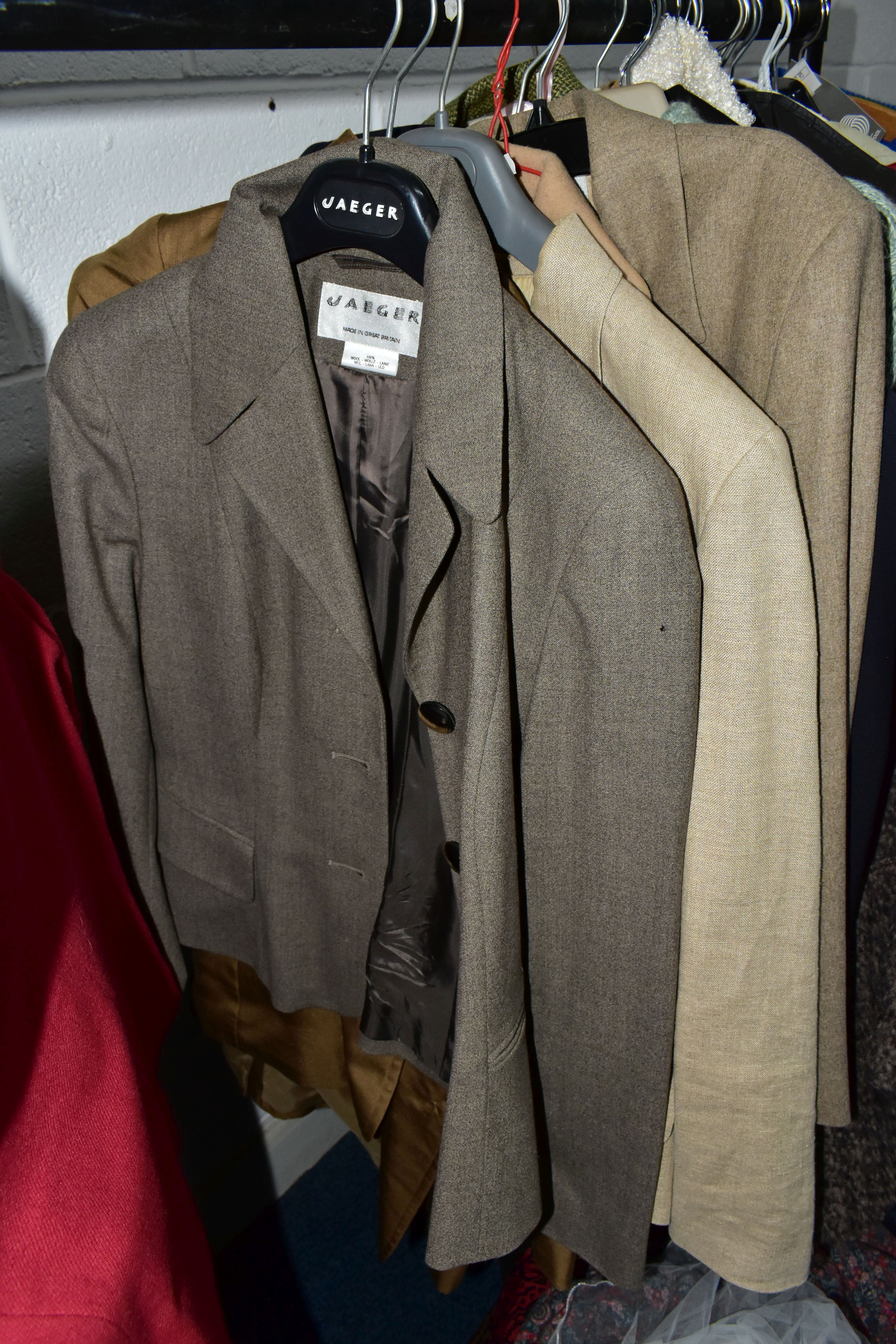 A RAIL AND TWO BOXES OF LADIES CLOTHING, to include coats, jackets, faux furs, sheepskins, skirts - Image 14 of 19