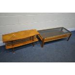 A MID CENTURY TEAK MYERS COFFEE TABLE, with a smoked glass top, length 113cm x depth 43cm, and a