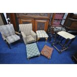 A SELECTION OF STOOLS, to include an Edwardian mahogany piano stool, a rush seated stool, three