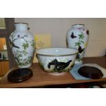 A FRANKLIN PORCELAIN 'THE GAME BIRD BOWL' TOGETHER WITH TWO VASES, comprising 'The Game Bird Bowl'