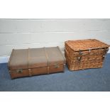 A WICKER BASKET, width 76cm x depth 46cm x height 49m, along with vintage travelling trunk (