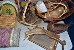 A QUANTITY OF TREEN, WICKER BASKETS, ETC, including two vintage wooden cased radios by Invicta and