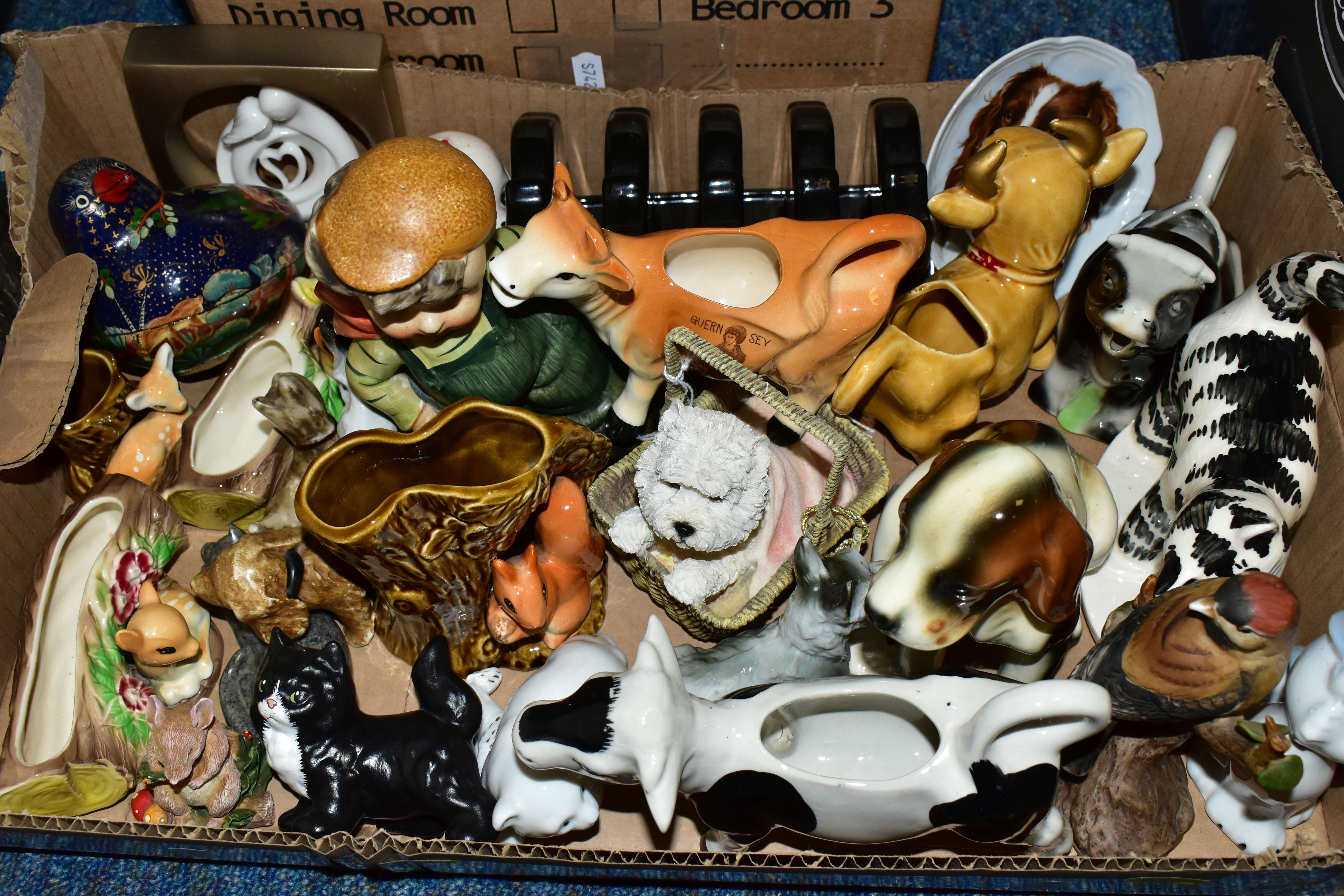 EIGHT BOXES OF CERAMICS, GLASSWARE, TREEN, ETC, including animal and figural ornaments, pressed - Image 2 of 9