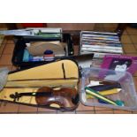 THREE BOXES OF LP RECORDS AND MUSICAL INSTRUMENTS, to include a cased violin, music stand, three