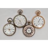 FOUR POCKET WATCHES, to include a gold plated open face pocket watch, manual wind, white dial with