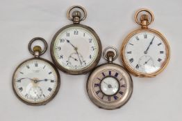 FOUR POCKET WATCHES, to include a gold plated open face pocket watch, manual wind, white dial with