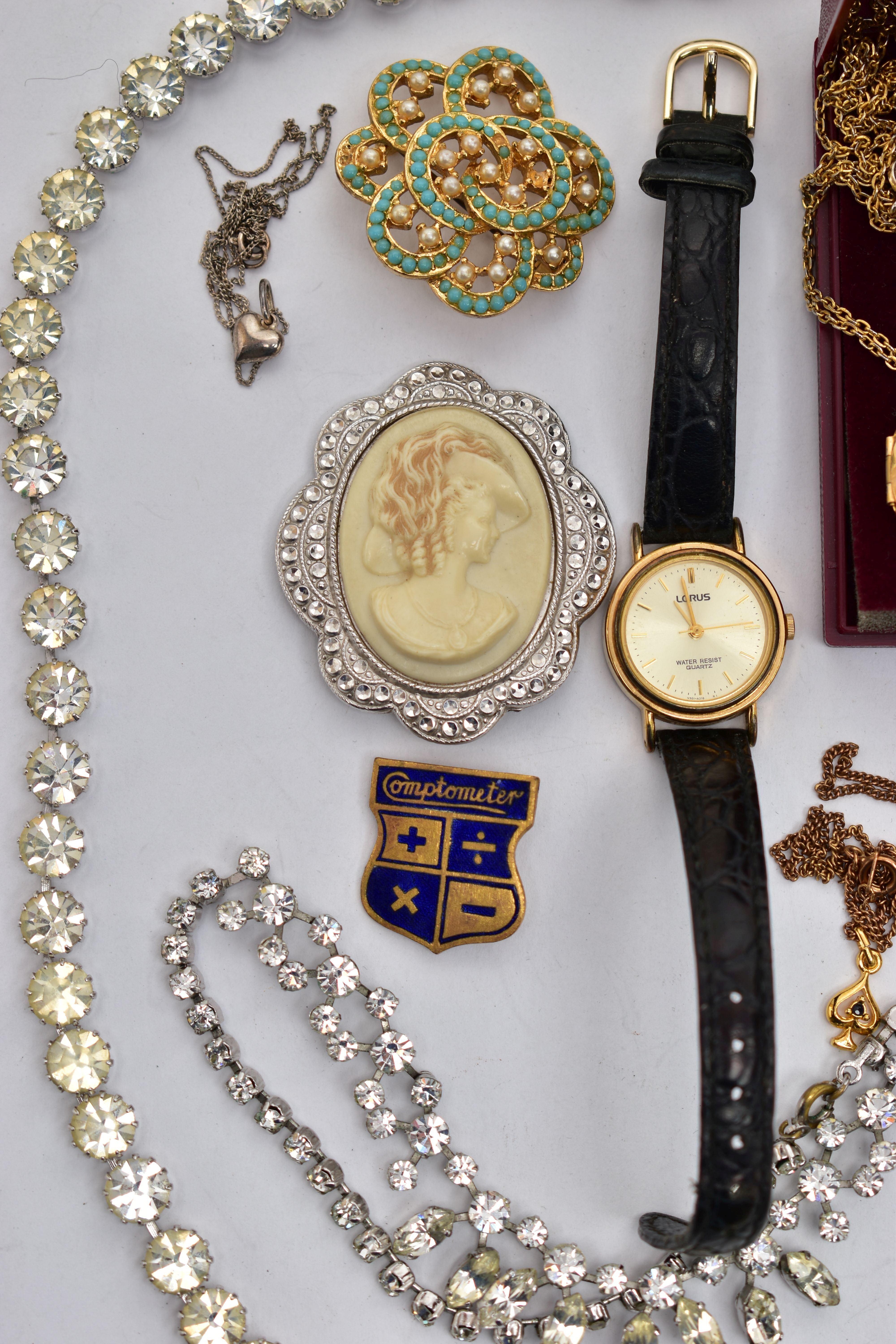 A BOX OF ASSORTED ITEMS, to include a ladys 'TimeCo' wristwatch, gold plated case fitted with an - Image 3 of 6
