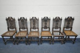 A HARLEQUIN SET OF SIX CARVED OAK CHAIRS, with bergère seats (condition:-some frames rickety, six
