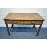 AN EARLY 20TH CENTURY OAK SIDE TABLE, with two drawers, on square tapered legs, width 122cm x