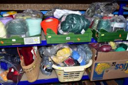FIVE BOXES AND LOOSE KNITTING WOOL ETC, to include unused reels of knitting machine wool, unused