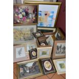 A BOX AND LOOSE ASSORTED PRINTS ETC, to include a watercolour depicting a street market circa 1940'