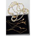 TWO PENDANT NECKLACES WITH A CULTURED PEARL BRACELET, the first a tassel pendant with tri-colour