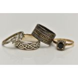 A 9CT GOLD CLUSTER RING AND THREE WHITE METAL RINGS, the cluster of a square form, set with a