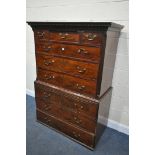 A GEORGIAN MAHOGANY CHEST ON CHEST, of nine drawers, with swan neck handles, width 121cm x depth