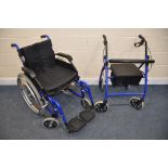 A ENIGMA WHEELCHAIR with seat pad and footrests along with a folding four wheeled rollator (2)