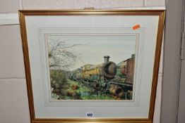 M.W. COE (LATE 20TH CENTURY) 'CLASS 38XX 2-8-0 AT BARRY', rusting steam locomotives are depicted