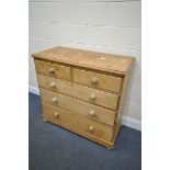 A VICTORIAN PINE CHEST OF TWO SHORT AND THREE LONG DRAWERS, with turned handles, on bun feet,