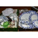 FOUR BOXES OF CERAMICS, GLASS, TABLE AND BED LINEN, ETC, including a Ceramic Art Co Ltd Crown