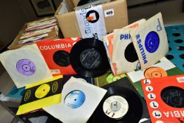 TWO BOXES OF APPROXIMATELY TWO HUNDRED SINGLE RECORDS, to include Little Richard, Sandie Shaw, Gerry