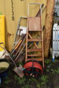A COLLECTION OF GARDEN TOOLS AND STEP LADDERS including a modern wooden step ladder, height 154cm, a