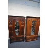 A VICTORIAN WALNUT WARDROBE, with an overhanging cornice, a single mirrored door, above a single