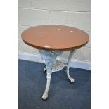 A PAINTED CAST IRON CIRCULAR PUB TABLE, with a Formica top, diameter 61cm x height 70cm (