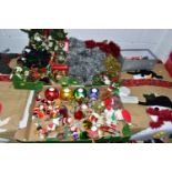 FOUR BOXES AND LOOSE CHRISTMAS DECORATIONS ETC, to include cast metal Christmas tree stands,