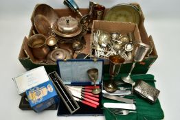 A BOX OF ASSORTED WHITE METAL WARE, to include a cake stand, four white metal glasses, a tea pot,