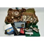 A BOX OF ASSORTED WHITE METAL WARE, to include a cake stand, four white metal glasses, a tea pot,