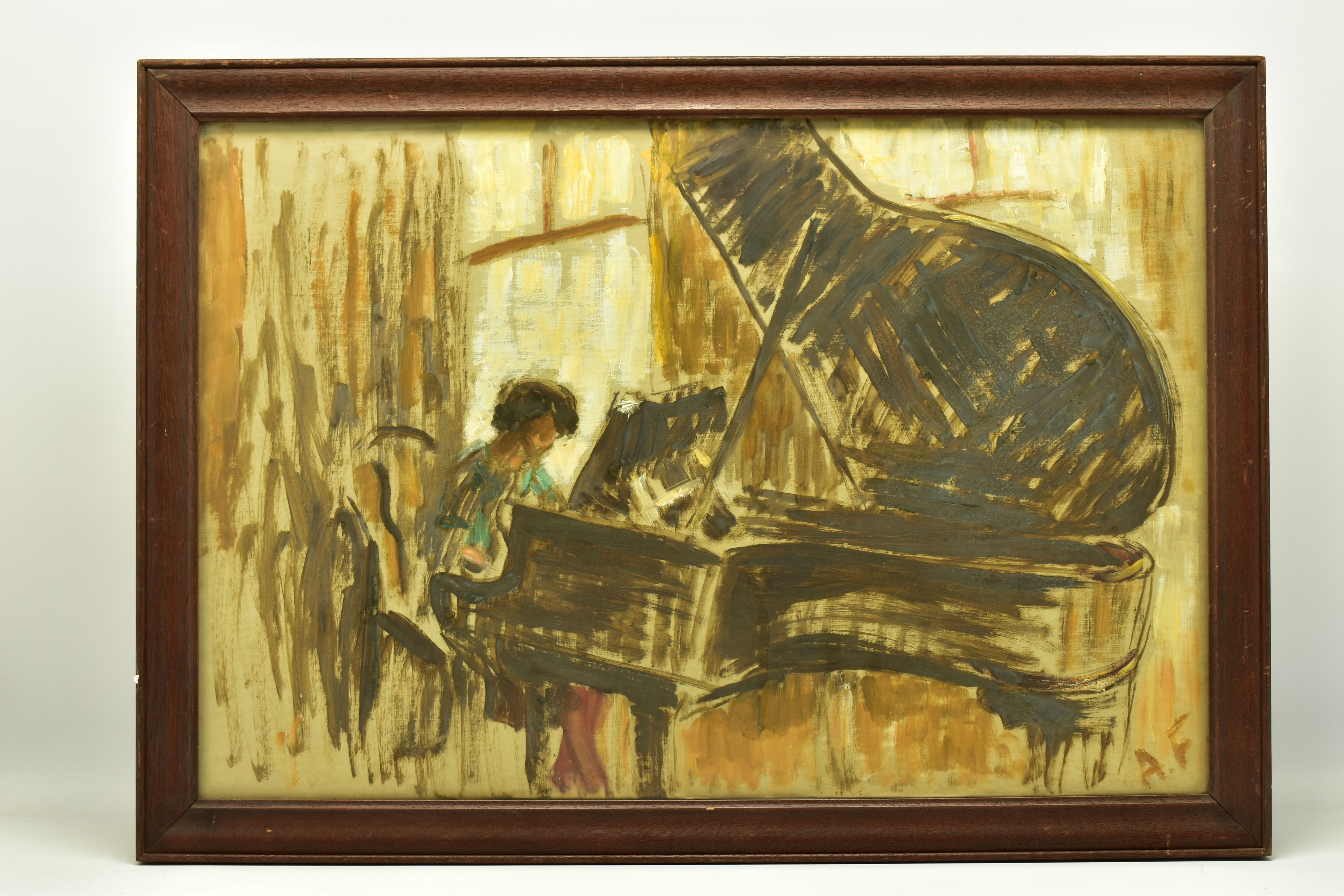 AMY FLATTO (20TH CENTURY) 'GIRL AT THE PIANO', a study of a female figure playing a Grand Piano,