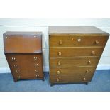 AN OAK CHEST OF FIVE DRAWERS, width 84cm x depth 48cm x height 110cm, and a slim bureau (2)