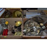 FOUR BOXES OF SILVER PLATE, BRASS, ETC, including goblets, trays, cutlery, bottle coasters,